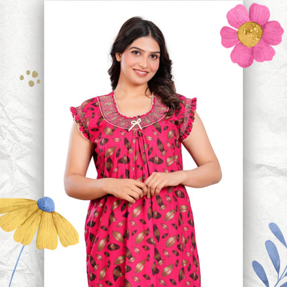 HARGUN NIGHT WEAR Women's Elegant Cotton Nightgown with Pocket & Embroidered Neck Design (Raani Pink, Free Size)