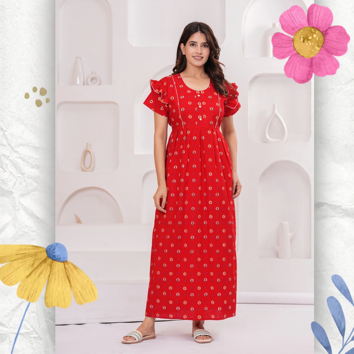HARGUN NIGHT WEAR Frock Style Cotton Nightgown for Women | Pure Cotton Nighty/Maxi for Women | Pack of 1 (Red, XL)
