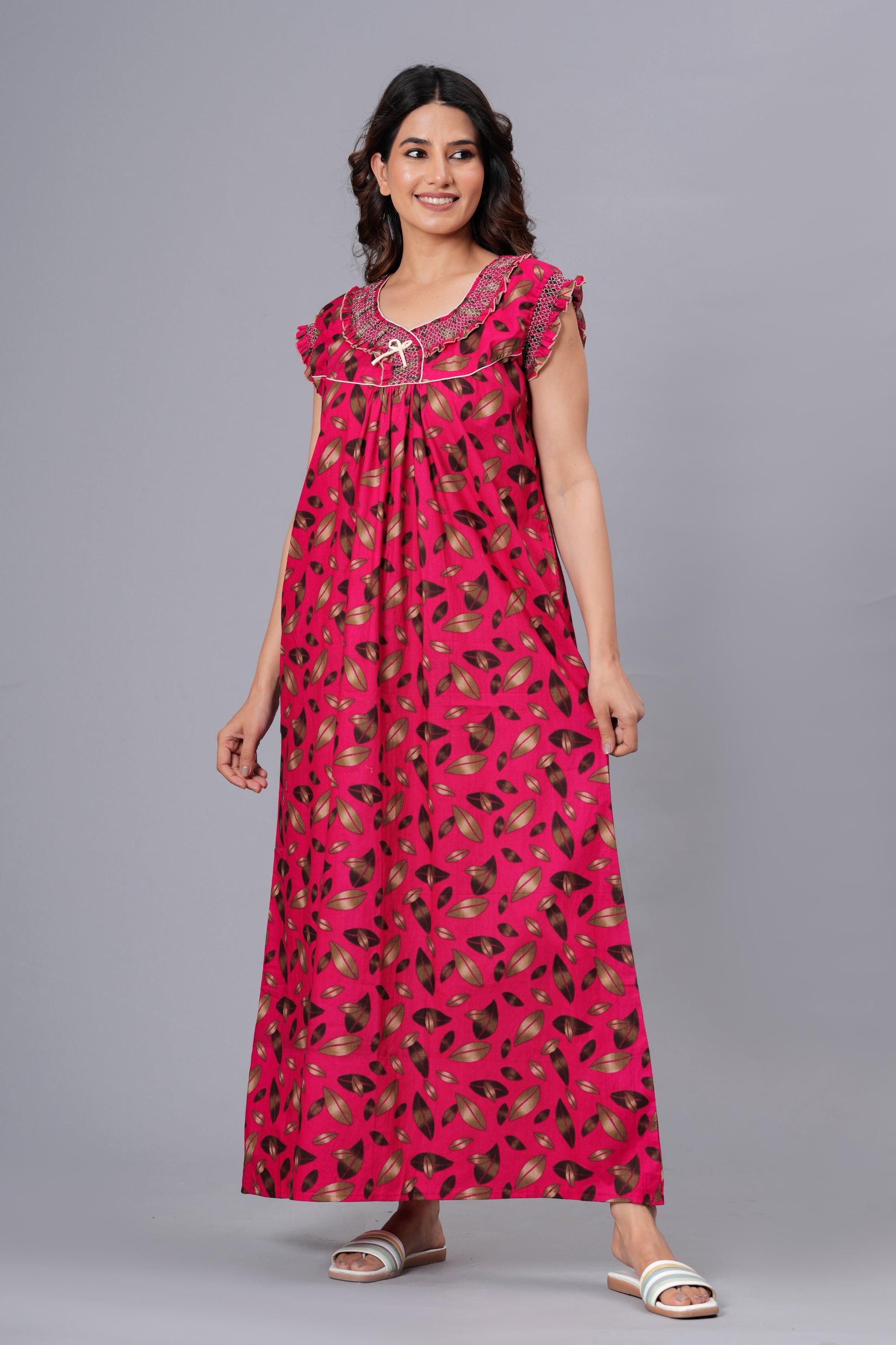 HARGUN Cotton Nightgown, Floral Print, Short Flutter Sleeves, Navy Blue and Gold, Full Length with Pockets (Combo, Free Size)