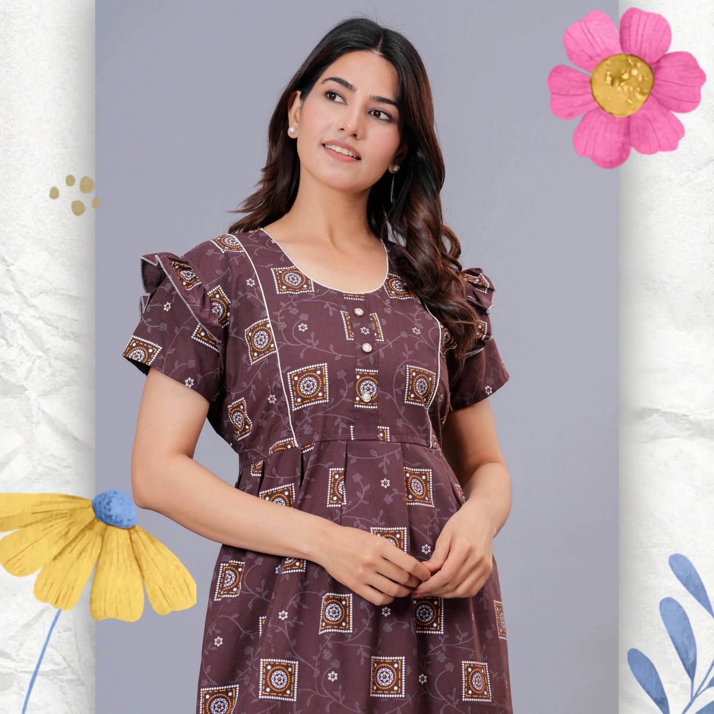 HARGUN NIGHT WEAR Women's Cotton Maxi Nighty, Printed, Ruffle Sleeves, Round Neck, All Day Comfort (Brown, XL)