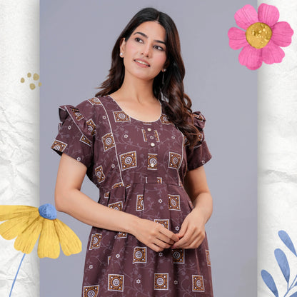 HARGUN NIGHT WEAR Women's Cotton Maxi Nighty, Printed, Ruffle Sleeves, Round Neck, All Day Comfort (Brown, XL)