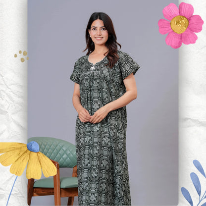 Women's Cotton Maxi Nighty, Geometric Print, Short Sleeve, Full Length Night Dress (Green, XL)