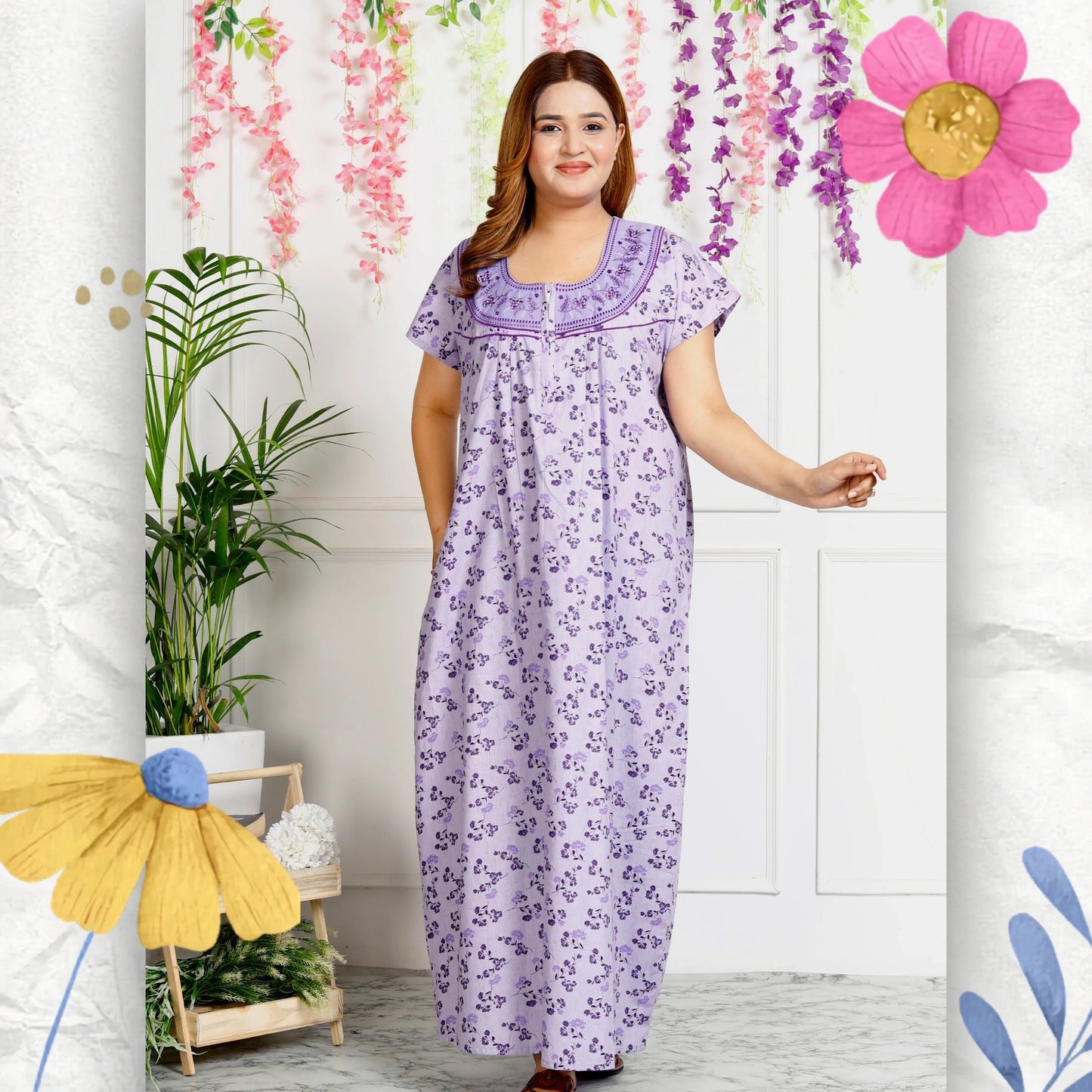 Women's Cotton Nightgown Maxi Embroidered Neck & Pocket (Lavender|)