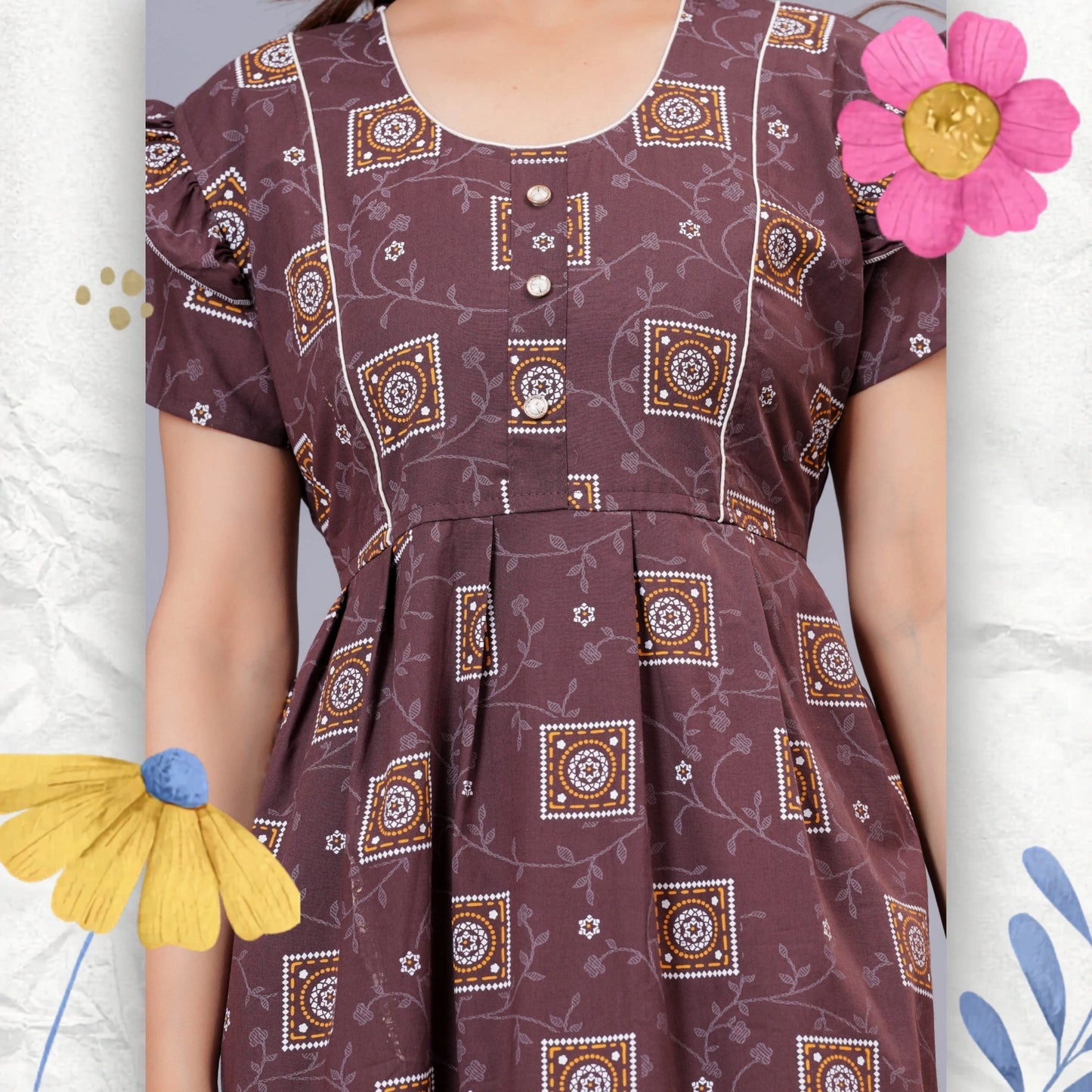 HARGUN NIGHT WEAR Women's Cotton Maxi Nighty, Printed, Ruffle Sleeves, Round Neck, All Day Comfort (Brown, XL)