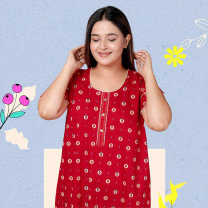 Deep Red Pure Cotton Printed Nighty Maxi with Side Pocket | Soft & Breathable Women’s Nightgown