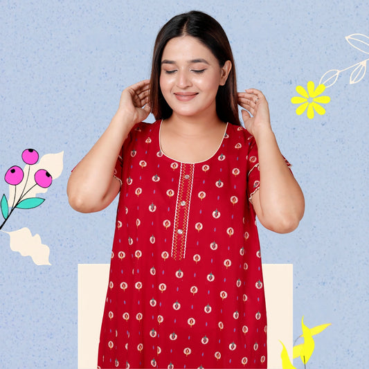 Deep Red Pure Cotton Printed Nighty Maxi with Side Pocket | Soft & Breathable Women’s Nightgown