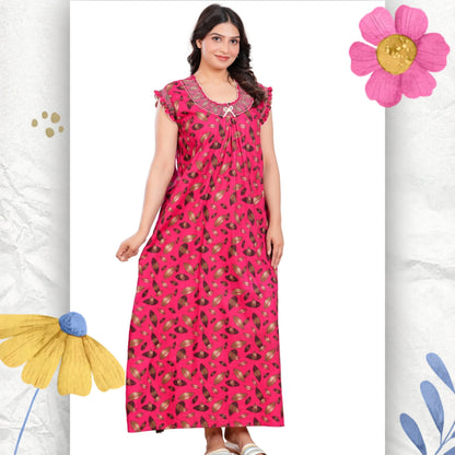 HARGUN NIGHT WEAR Women's Elegant Cotton Nightgown with Pocket & Embroidered Neck Design (Raani Pink, Free Size)