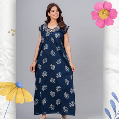 HARGUN NIGHT WEAR Cotton Nightgown for Women | Stylish Nighty Maxi Nightwear Floral Gown for Women Night Wear with Pocket (Navy Blue, XL)