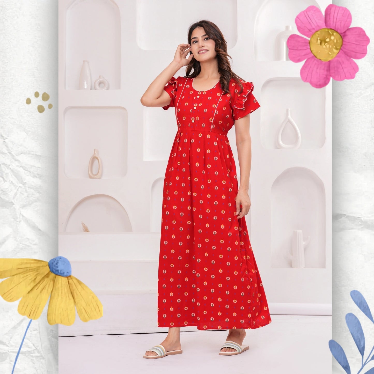HARGUN NIGHT WEAR Frock Style Cotton Nightgown for Women | Pure Cotton  Nighty/Maxi for Women | Pack of 1 (Red, XL)