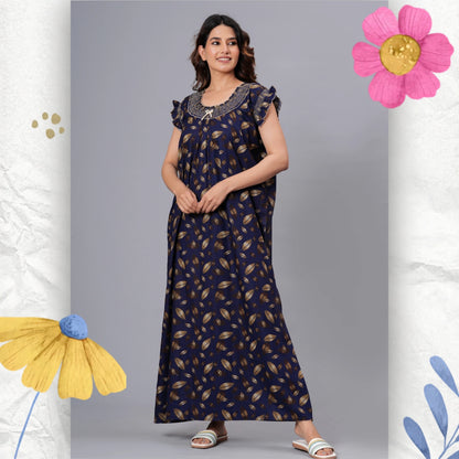 HARGUN Cotton Nightgown, Floral Print, Short Flutter Sleeves, Navy Blue and Gold, Full Length with Pockets (Combo, Free Size)