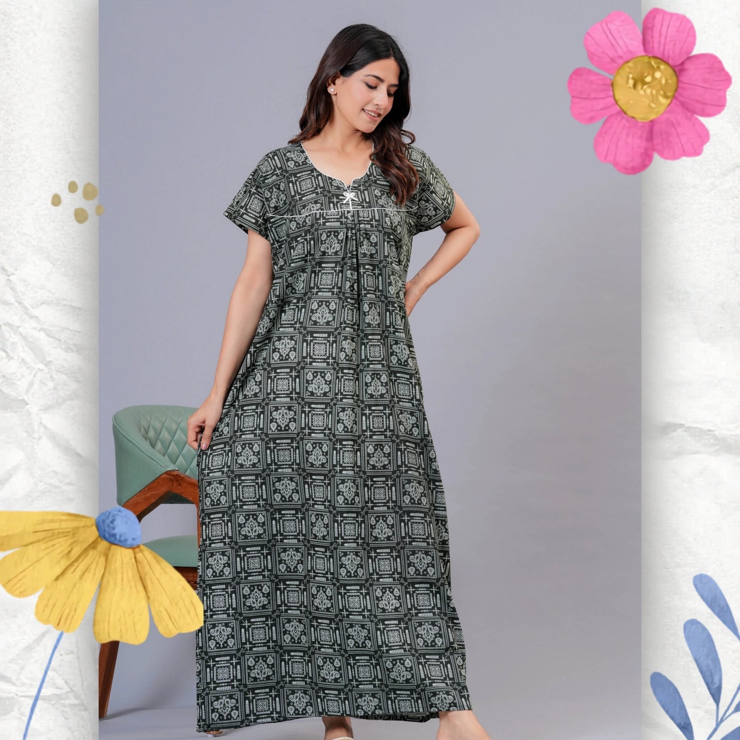 Women's Cotton Maxi Nighty, Geometric Print, Short Sleeve, Full Length Night Dress (Green, XL)