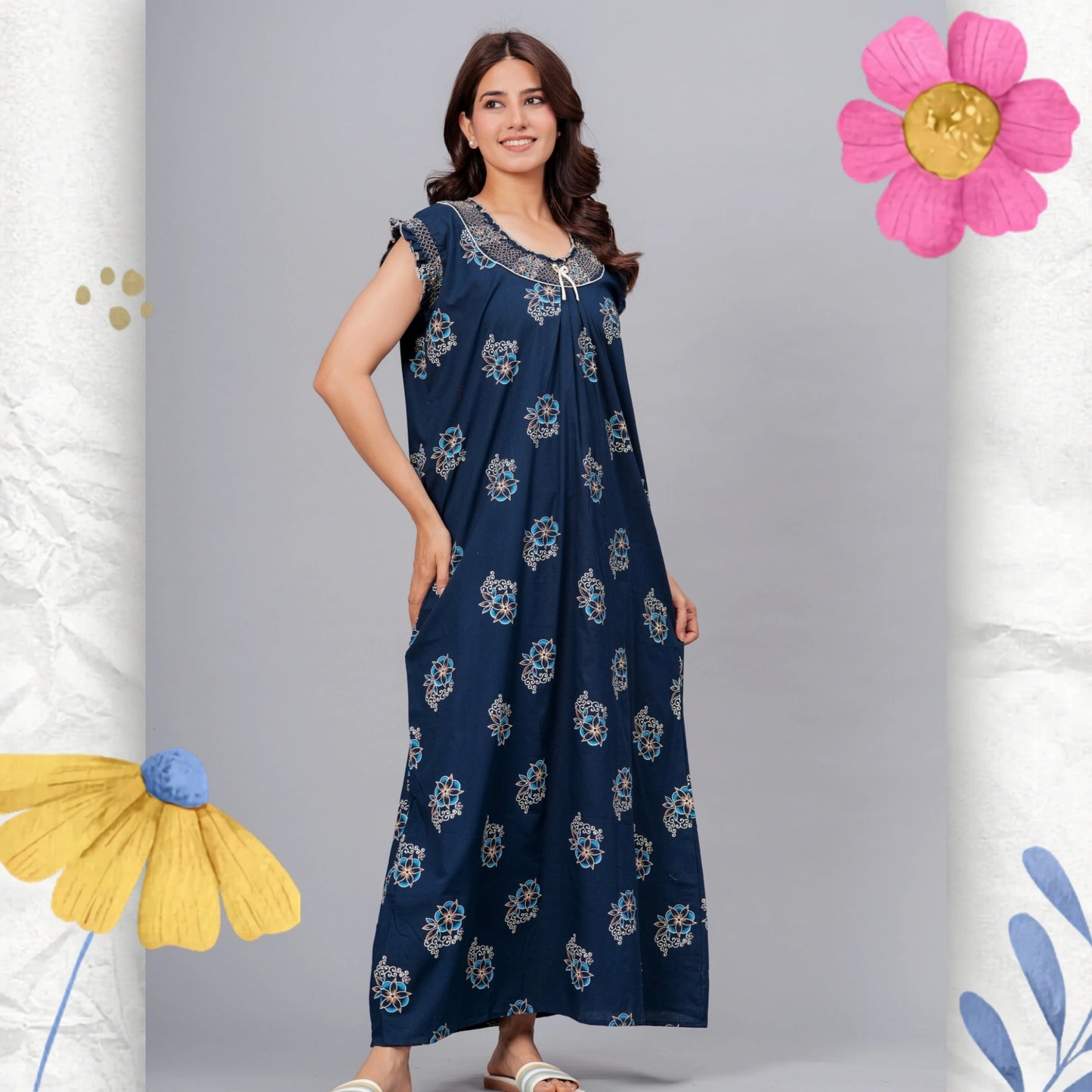 HARGUN NIGHT WEAR Cotton Nightgown for Women | Stylish Nighty Maxi Nightwear Floral Gown for Women Night Wear with Pocket (Navy Blue, XL)