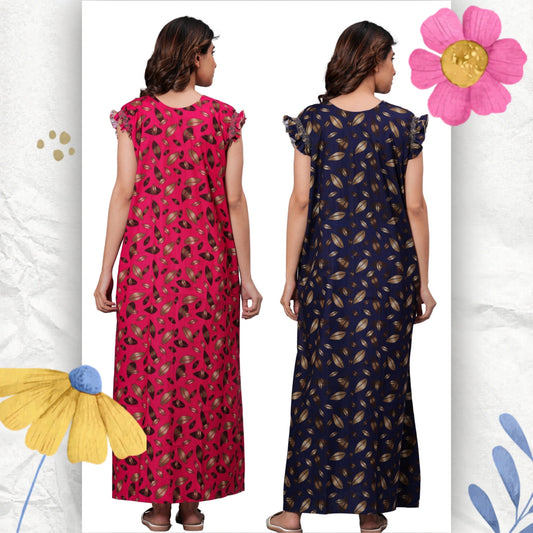 HARGUN Cotton Nightgown, Floral Print, Short Flutter Sleeves, Navy Blue and Gold, Full Length with Pockets (Combo, Free Size)