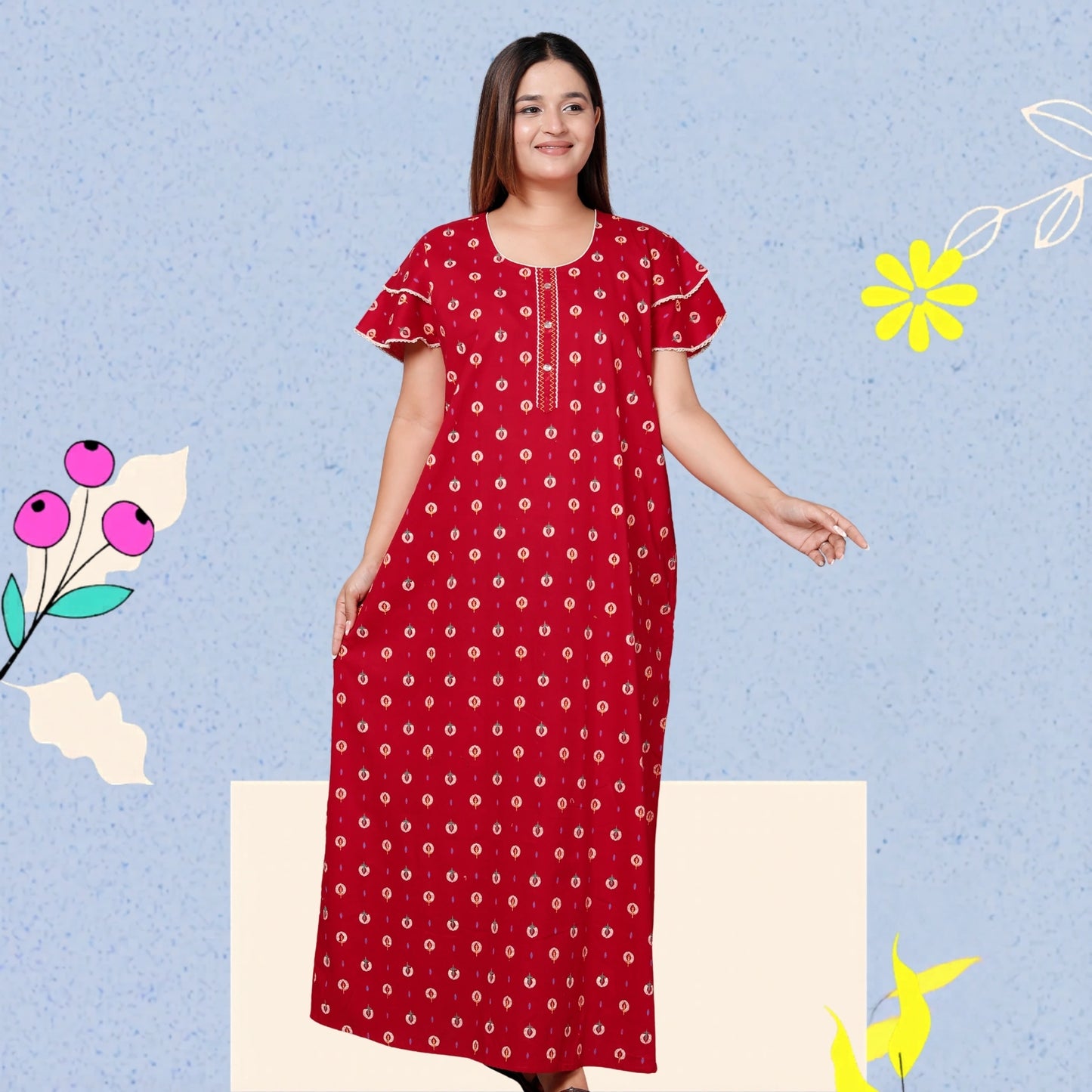 Deep Red Pure Cotton Printed Nighty Maxi with Side Pocket | Soft & Breathable Women’s Nightgown