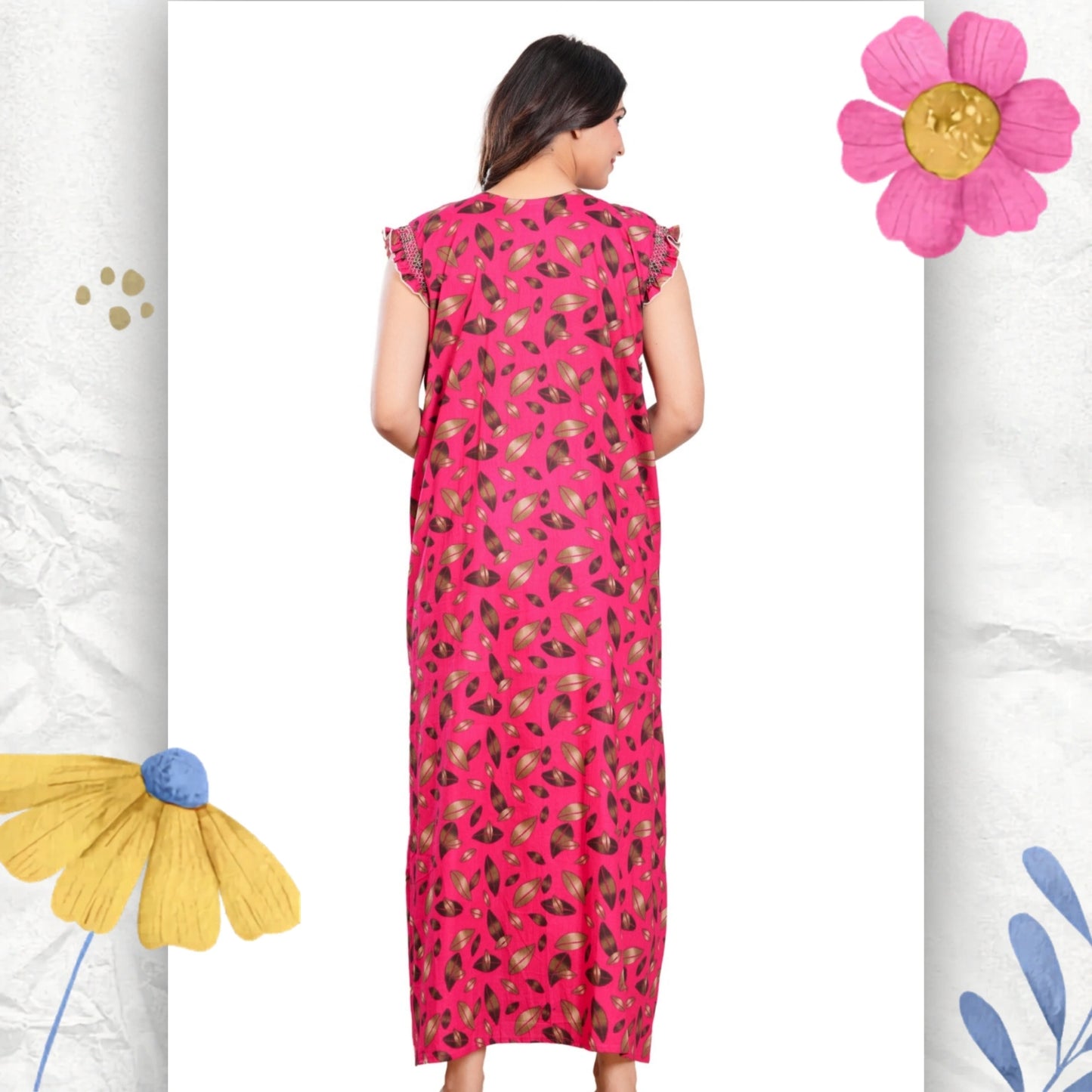 HARGUN NIGHT WEAR Women's Elegant Cotton Nightgown with Pocket & Embroidered Neck Design (Raani Pink, Free Size)