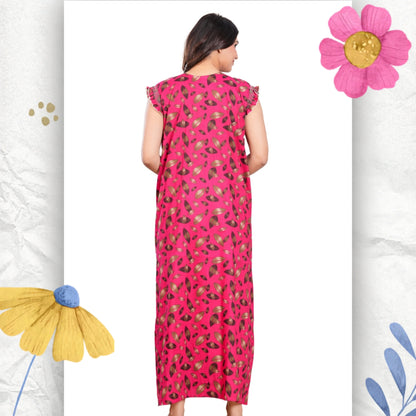 HARGUN NIGHT WEAR Women's Elegant Cotton Nightgown with Pocket & Embroidered Neck Design (Raani Pink, Free Size)