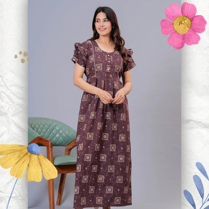 HARGUN NIGHT WEAR Women's Cotton Maxi Nighty, Printed, Ruffle Sleeves, Round Neck, All Day Comfort (Brown, XL)