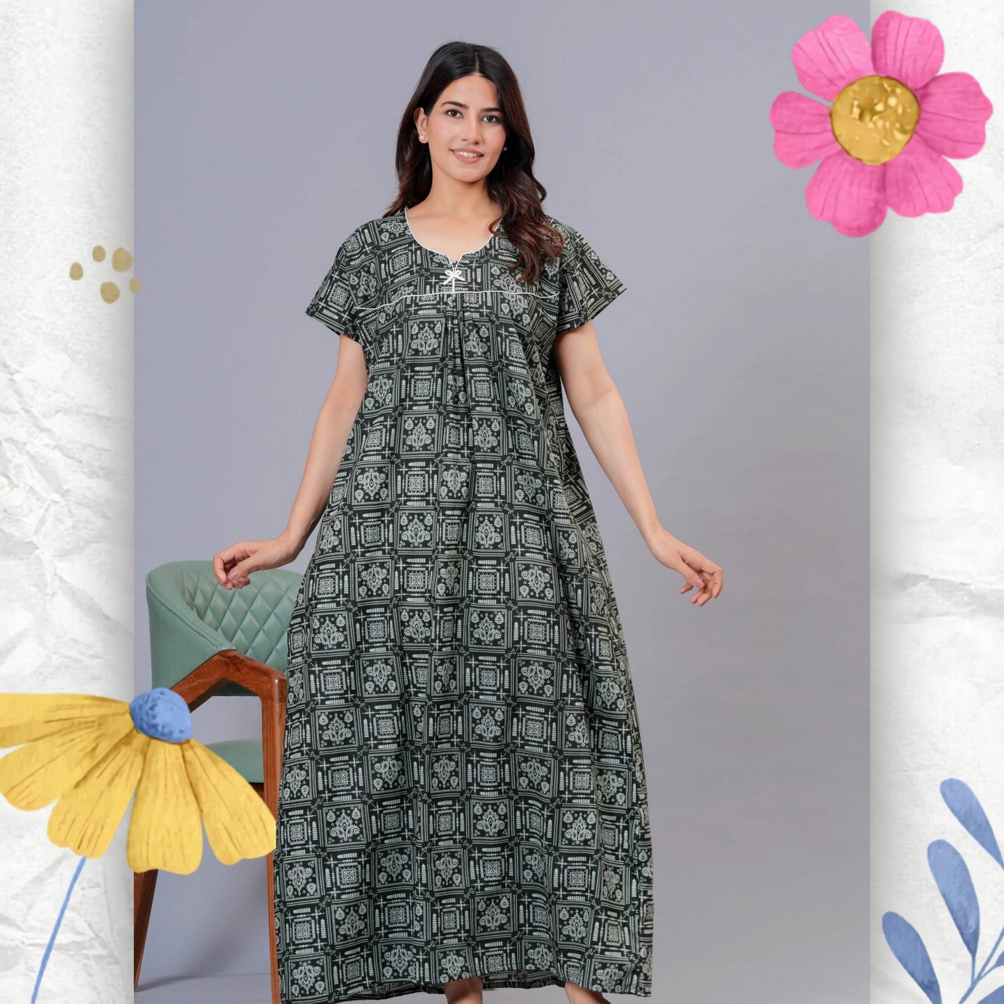 Women's Cotton Maxi Nighty, Geometric Print, Short Sleeve, Full Length Night Dress (Green, XL)