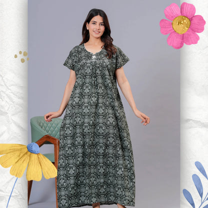 Women's Cotton Maxi Nighty, Geometric Print, Short Sleeve, Full Length Night Dress (Green, XL)