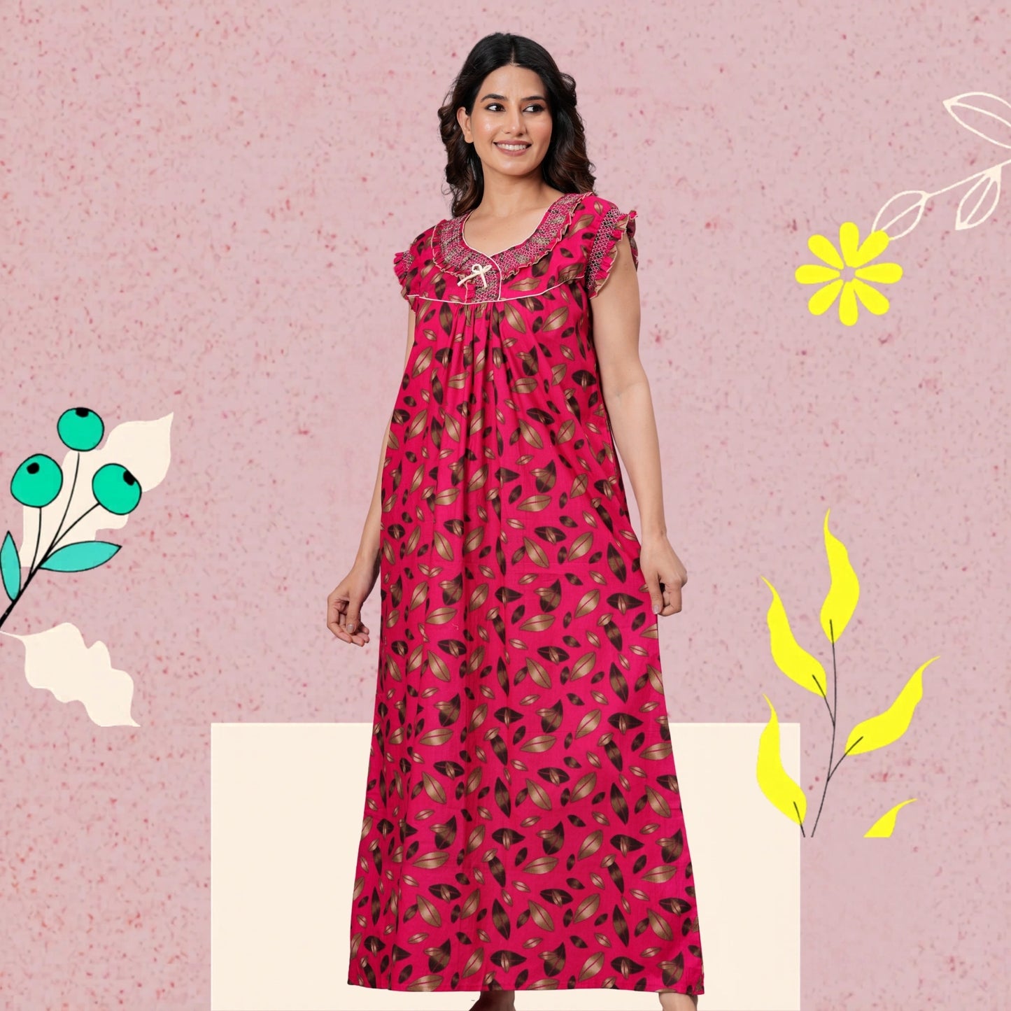 HARGUN NIGHT WEAR Women's Elegant Cotton Nightgown with Pocket & Embroidered Neck Design (Raani Pink, Free Size)