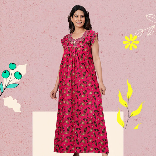 HARGUN NIGHT WEAR Women's Elegant Cotton Nightgown with Pocket & Embroidered Neck Design (Raani Pink, Free Size)