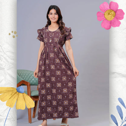 HARGUN NIGHT WEAR Women's Cotton Maxi Nighty, Printed, Ruffle Sleeves, Round Neck, All Day Comfort (Brown, XL)