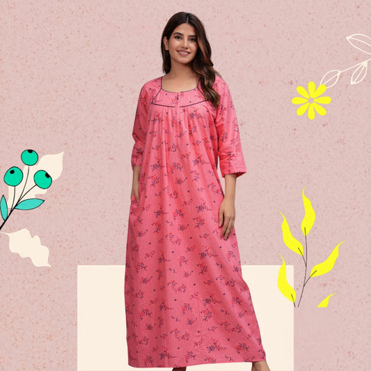 Cotton Full Sleeves Nightgown for Women(Baby Pink, XL)