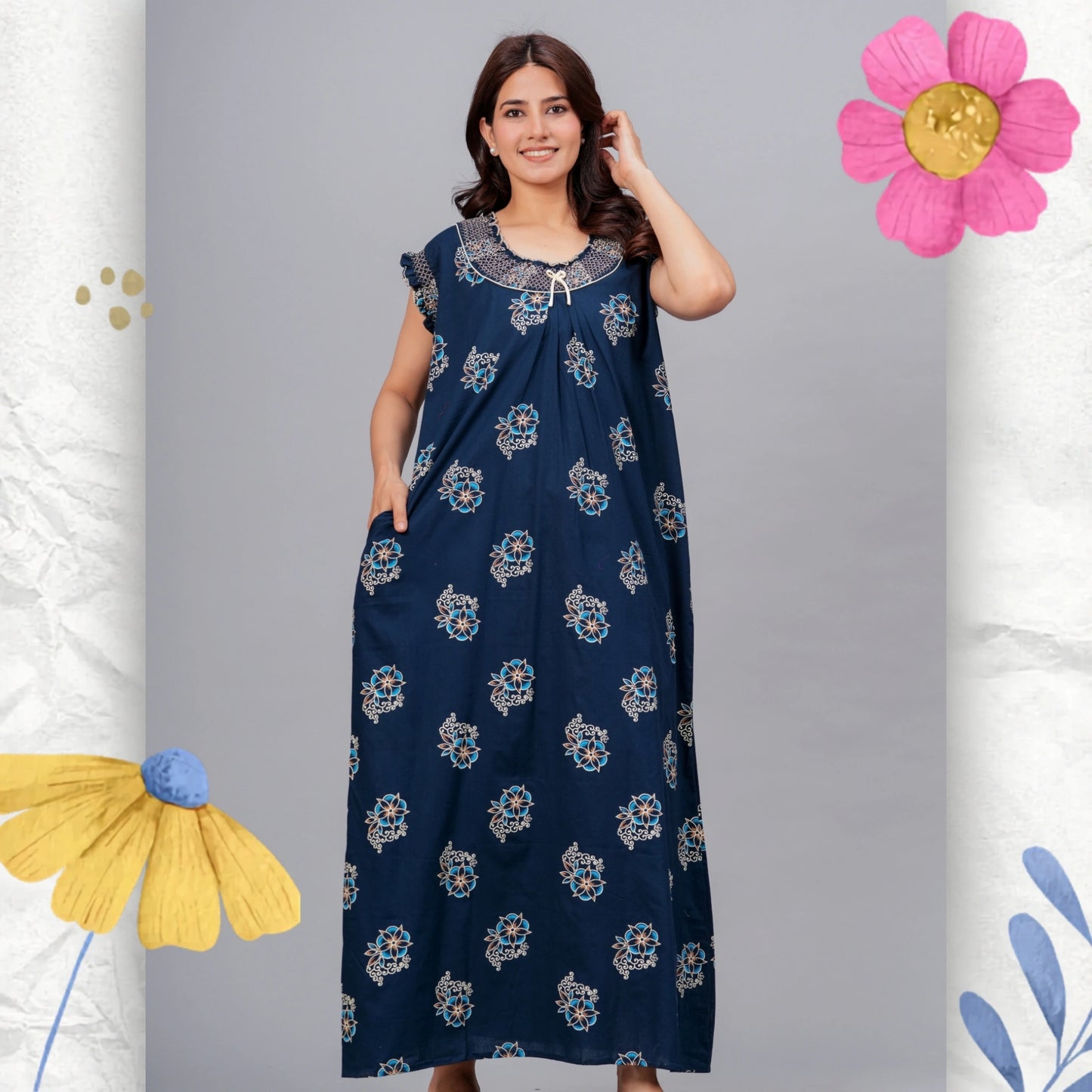 HARGUN NIGHT WEAR Cotton Nightgown for Women | Stylish Nighty Maxi Nightwear Floral Gown for Women Night Wear with Pocket (Navy Blue, XL)