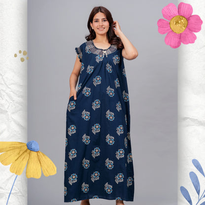 HARGUN NIGHT WEAR Cotton Nightgown for Women | Stylish Nighty Maxi Nightwear Floral Gown for Women Night Wear with Pocket (Navy Blue, XL)
