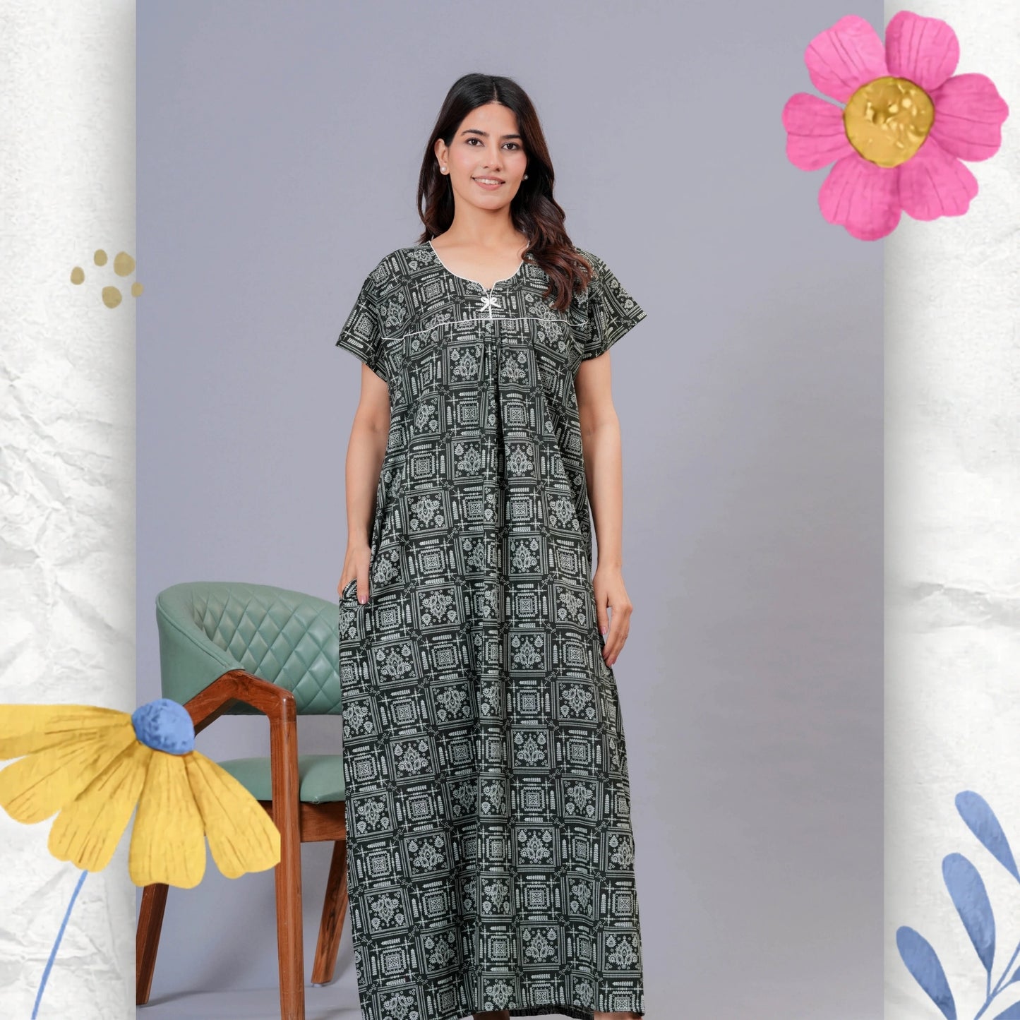Women's Cotton Maxi Nighty, Geometric Print, Short Sleeve, Full Length Night Dress (Green, XL)