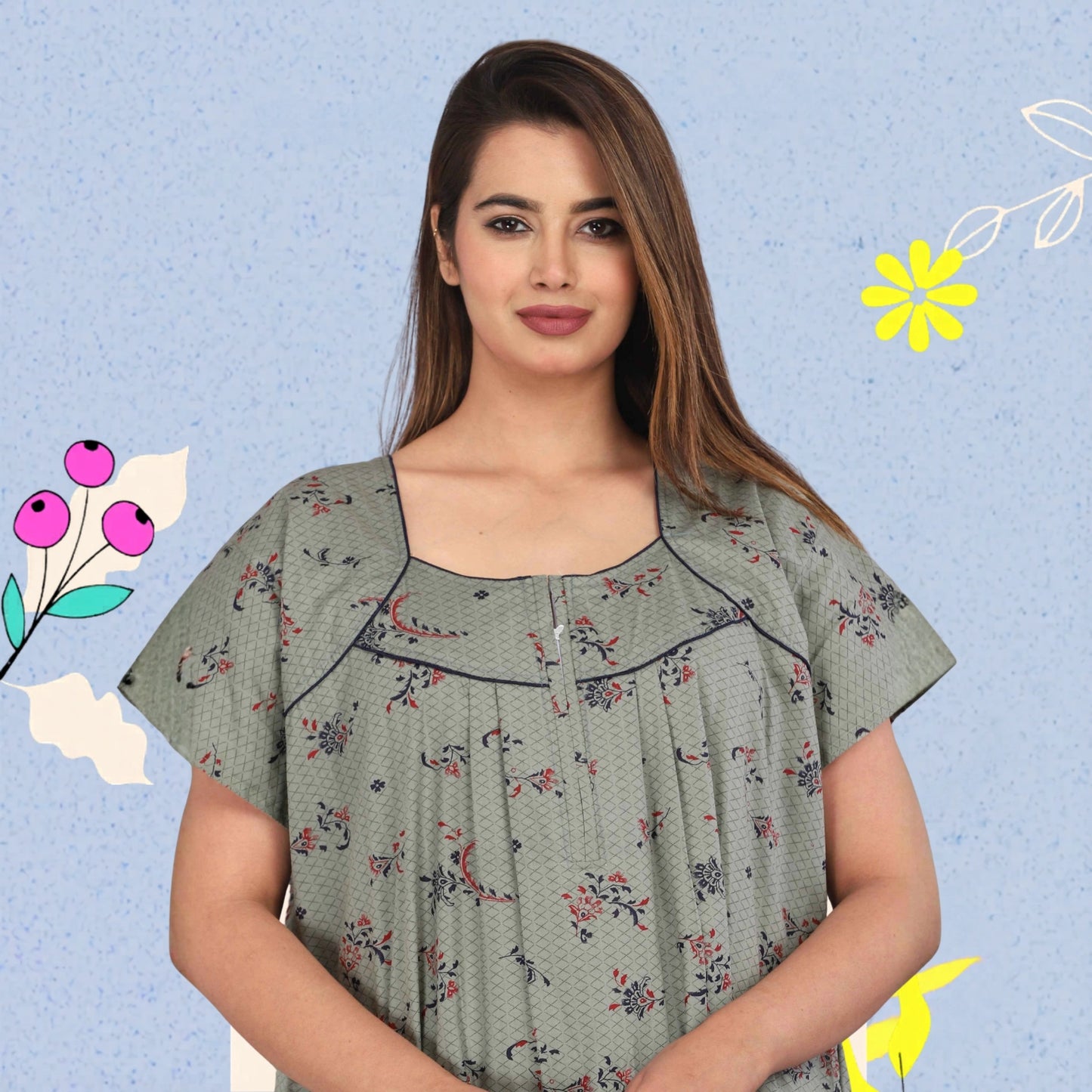 Women Cotton Floral Print Short Sleeve Nightgown With Side Pocket,(Free Size, Cardamom Grey)