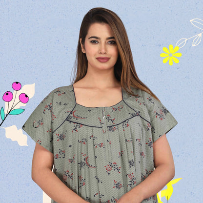 Women Cotton Floral Print Short Sleeve Nightgown With Side Pocket,(Free Size, Cardamom Grey)