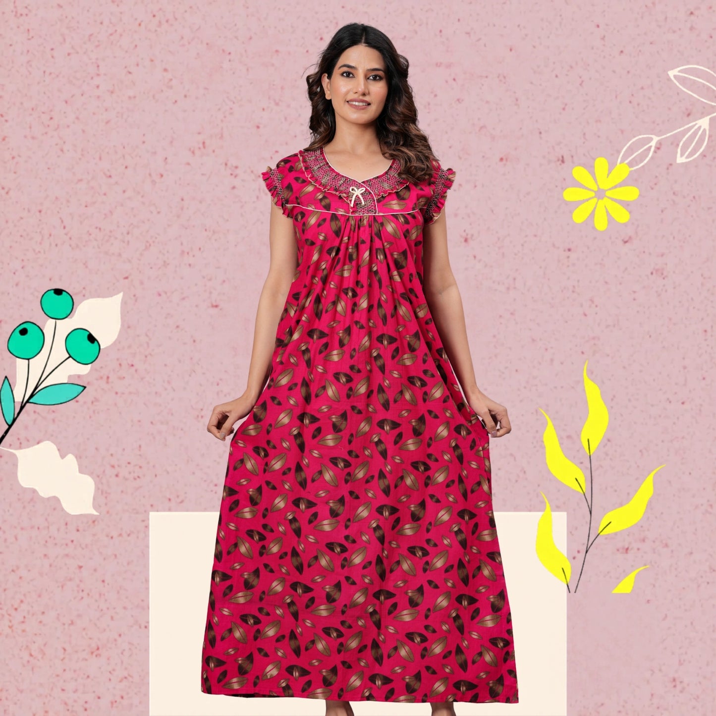 HARGUN NIGHT WEAR Women's Elegant Cotton Nightgown with Pocket & Embroidered Neck Design (Raani Pink, Free Size)