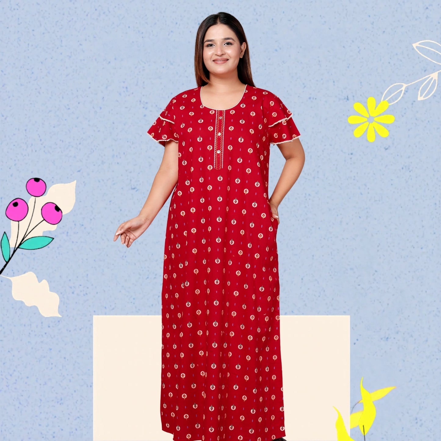 Deep Red Pure Cotton Printed Nighty Maxi with Side Pocket | Soft & Breathable Women’s Nightgown