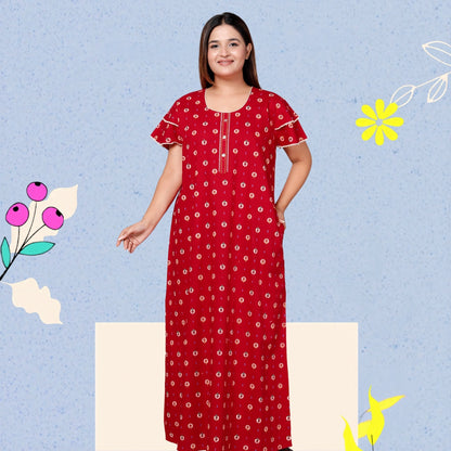 Deep Red Pure Cotton Printed Nighty Maxi with Side Pocket | Soft & Breathable Women’s Nightgown