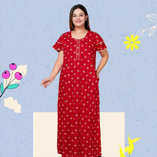 Deep Red Pure Cotton Printed Nighty Maxi with Side Pocket | Soft & Breathable Women’s Nightgown