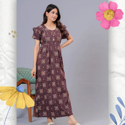 HARGUN NIGHT WEAR Women's Cotton Maxi Nighty, Printed, Ruffle Sleeves, Round Neck, All Day Comfort (Brown, XL)