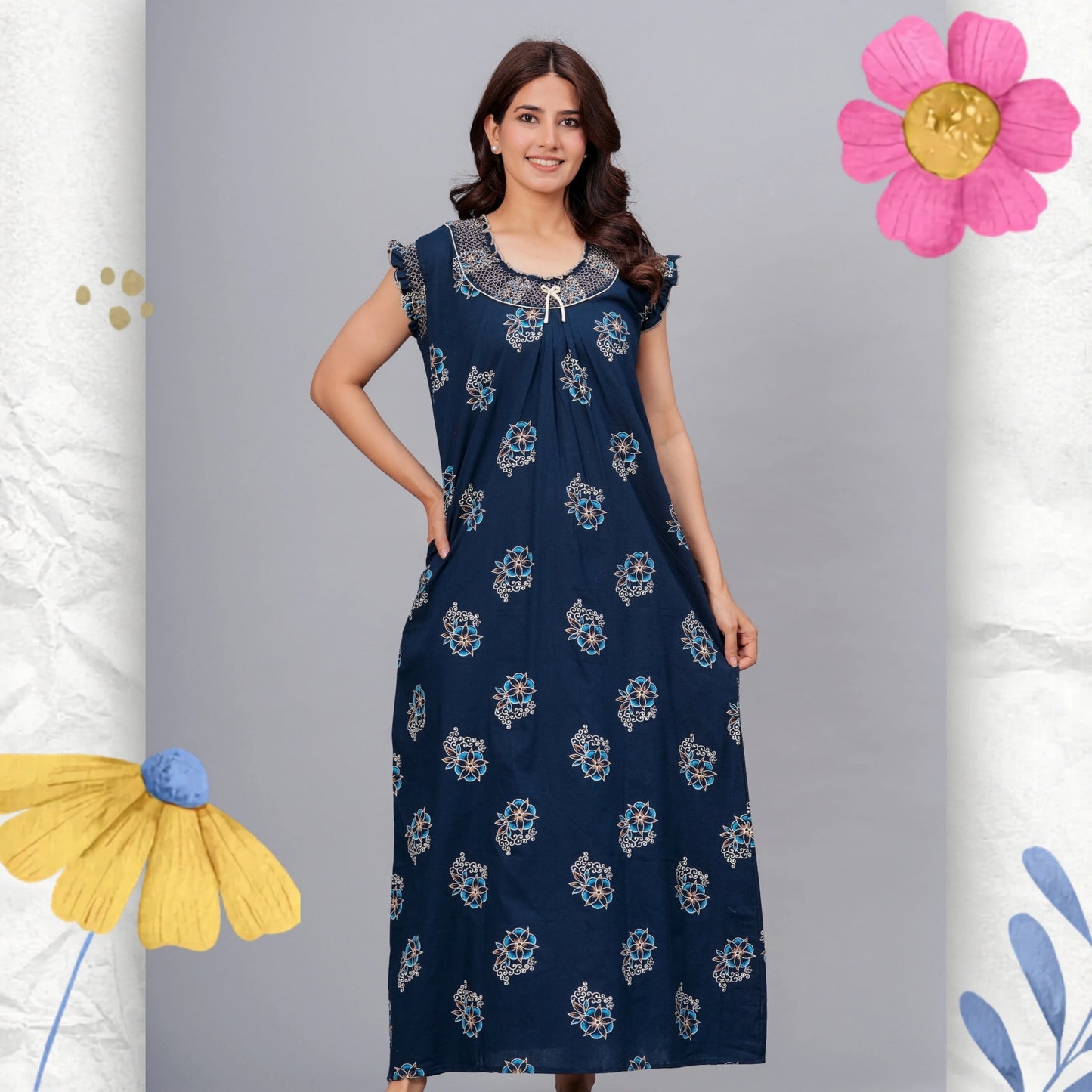 HARGUN NIGHT WEAR Cotton Nightgown for Women | Stylish Nighty Maxi Nightwear Floral Gown for Women Night Wear with Pocket (Navy Blue, XL)