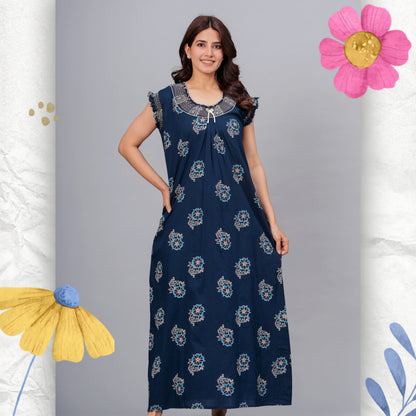 HARGUN NIGHT WEAR Cotton Nightgown for Women | Stylish Nighty Maxi Nightwear Floral Gown for Women Night Wear with Pocket (Navy Blue, XL)