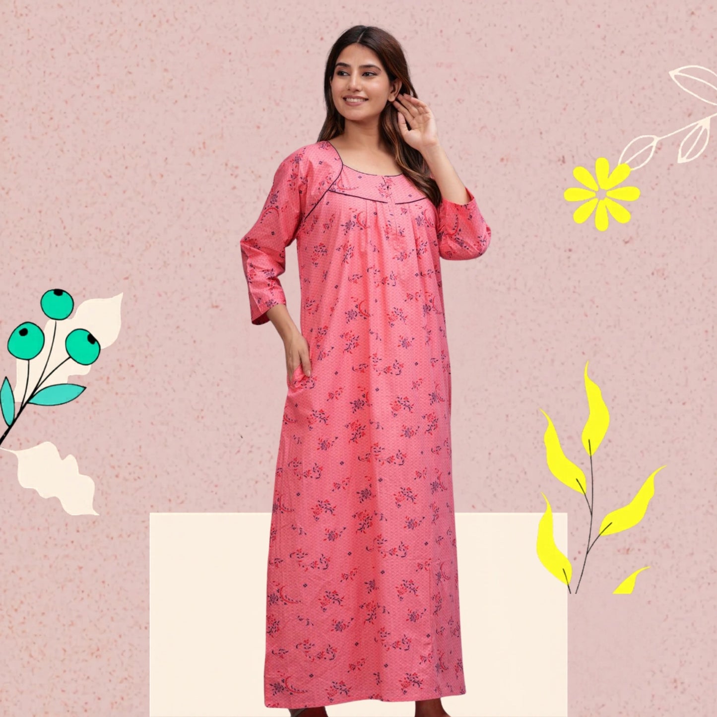 Cotton Full Sleeves Nightgown for Women(Baby Pink, XL)