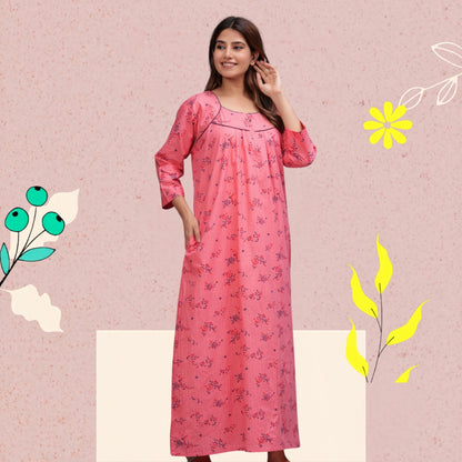 Cotton Full Sleeves Nightgown for Women(Baby Pink, XL)