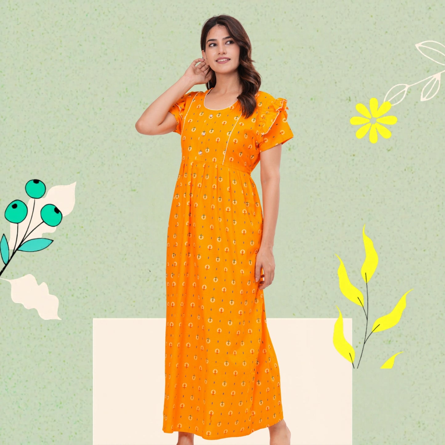 Frock Style Cotton Nightgown for Women (Yellow, XL)