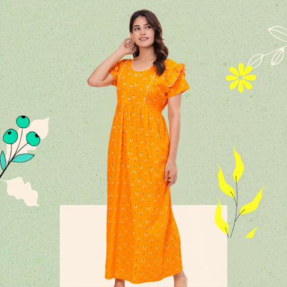 Frock Style Cotton Nightgown for Women (Yellow, XL)