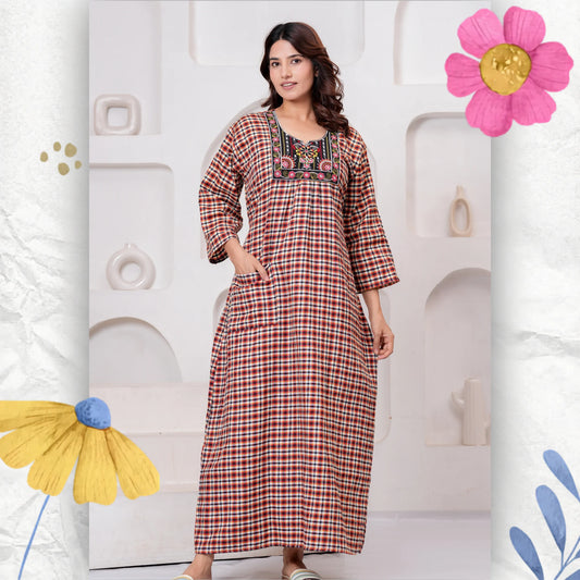 HARGUN Women's Cotswool Square Check Nightgown – Light Brown Full Sleeve Winter Maxi