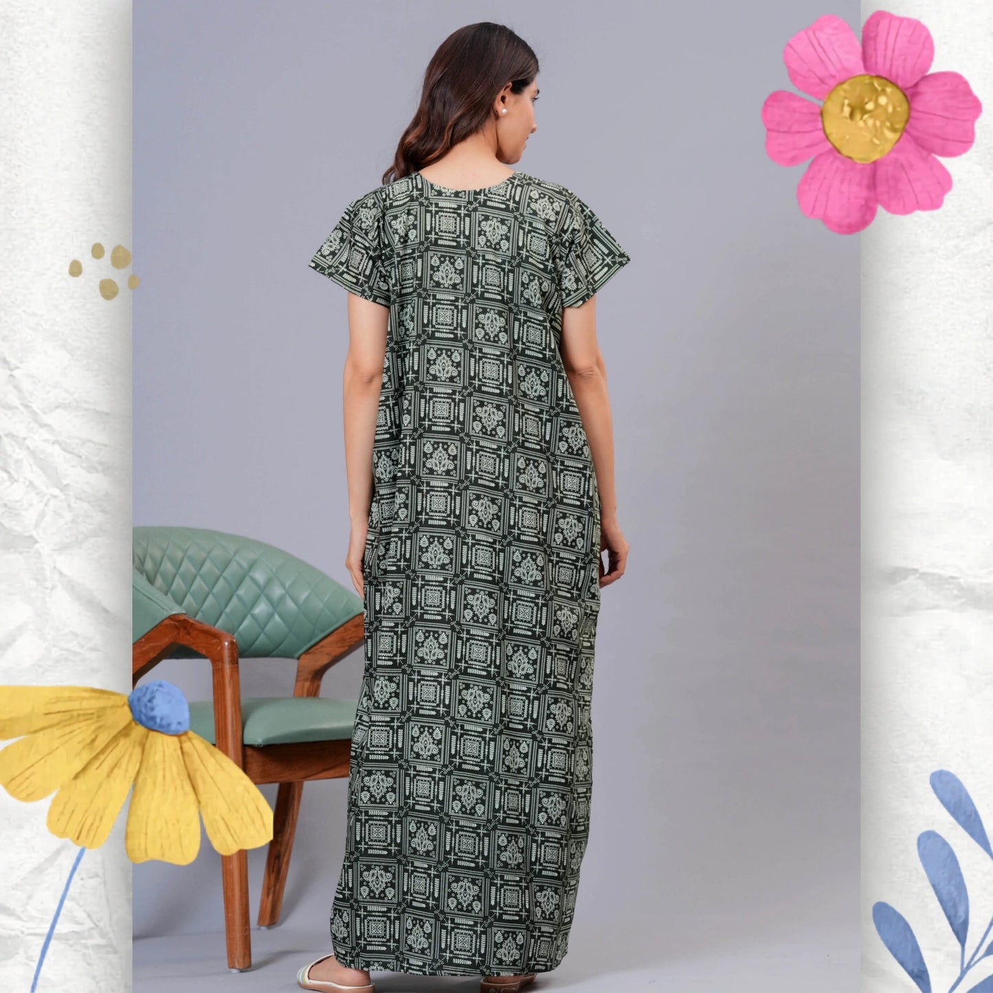 Women's Cotton Maxi Nighty, Geometric Print, Short Sleeve, Full Length Night Dress (Green, XL)