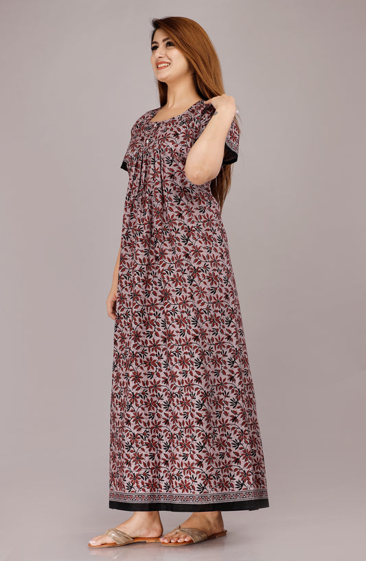 HARGUN NIGHT WEAR Women's Cotton Nightgown, Jaipuri Print Nighty, Short Sleeve, Round Neck, Pink, Free Size (Dusty Pink Leaves, Free Size)
