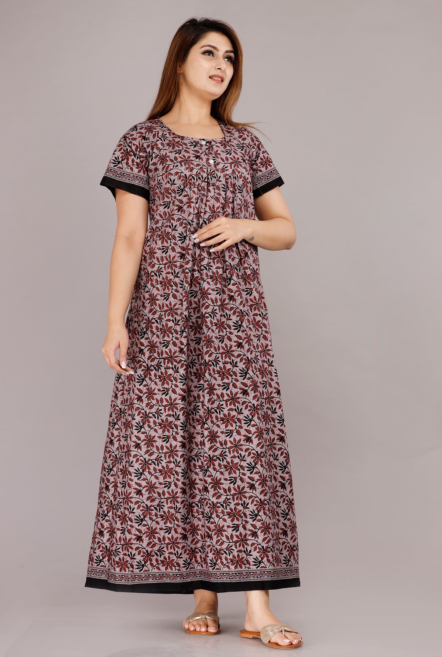 HARGUN NIGHT WEAR Women's Cotton Nightgown, Jaipuri Print Nighty, Short Sleeve, Round Neck, Pink, Free Size (Dusty Pink Leaves, Free Size)