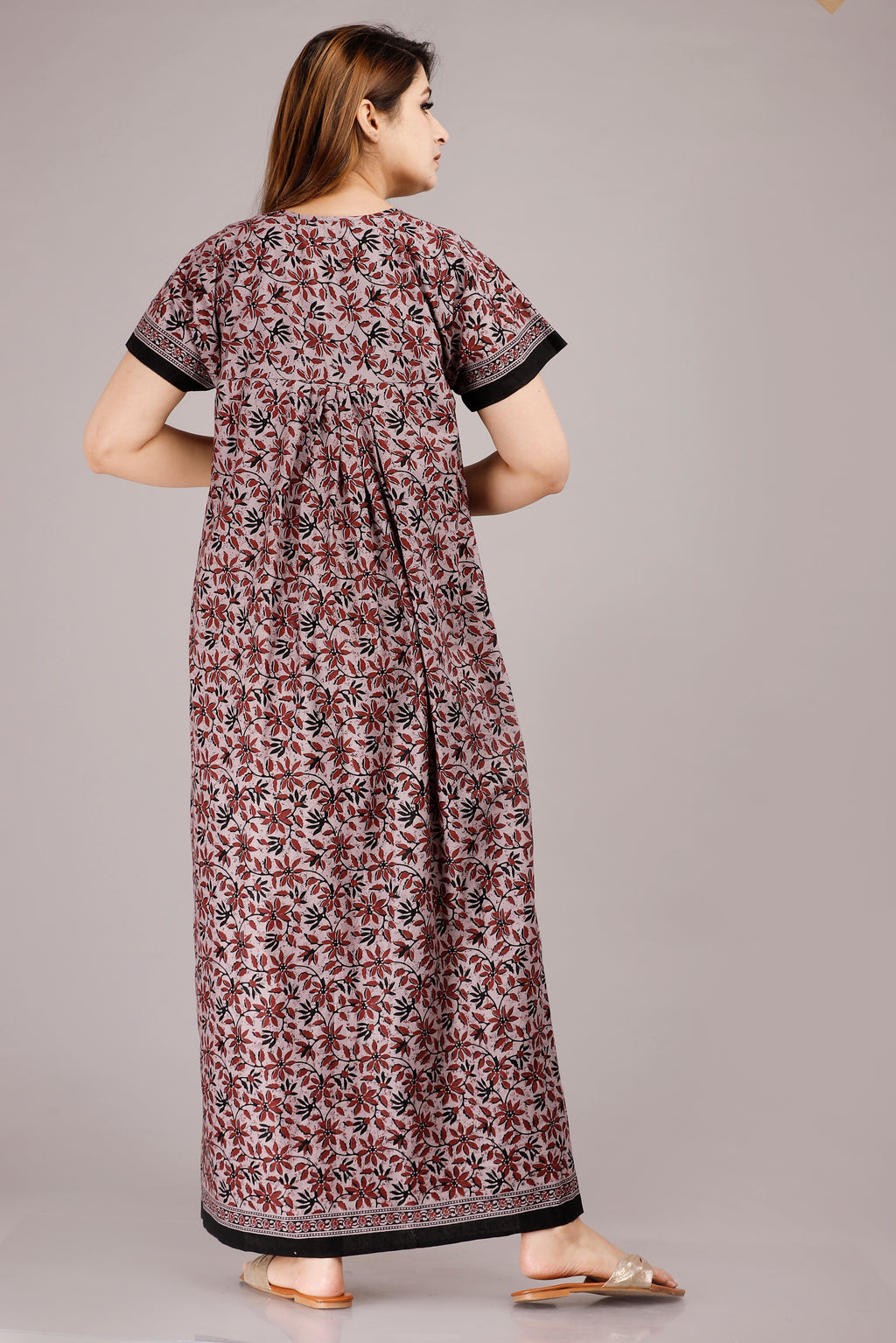HARGUN NIGHT WEAR Women's Cotton Nightgown, Jaipuri Print Nighty, Short Sleeve, Round Neck, Pink, Free Size (Dusty Pink Leaves, Free Size)