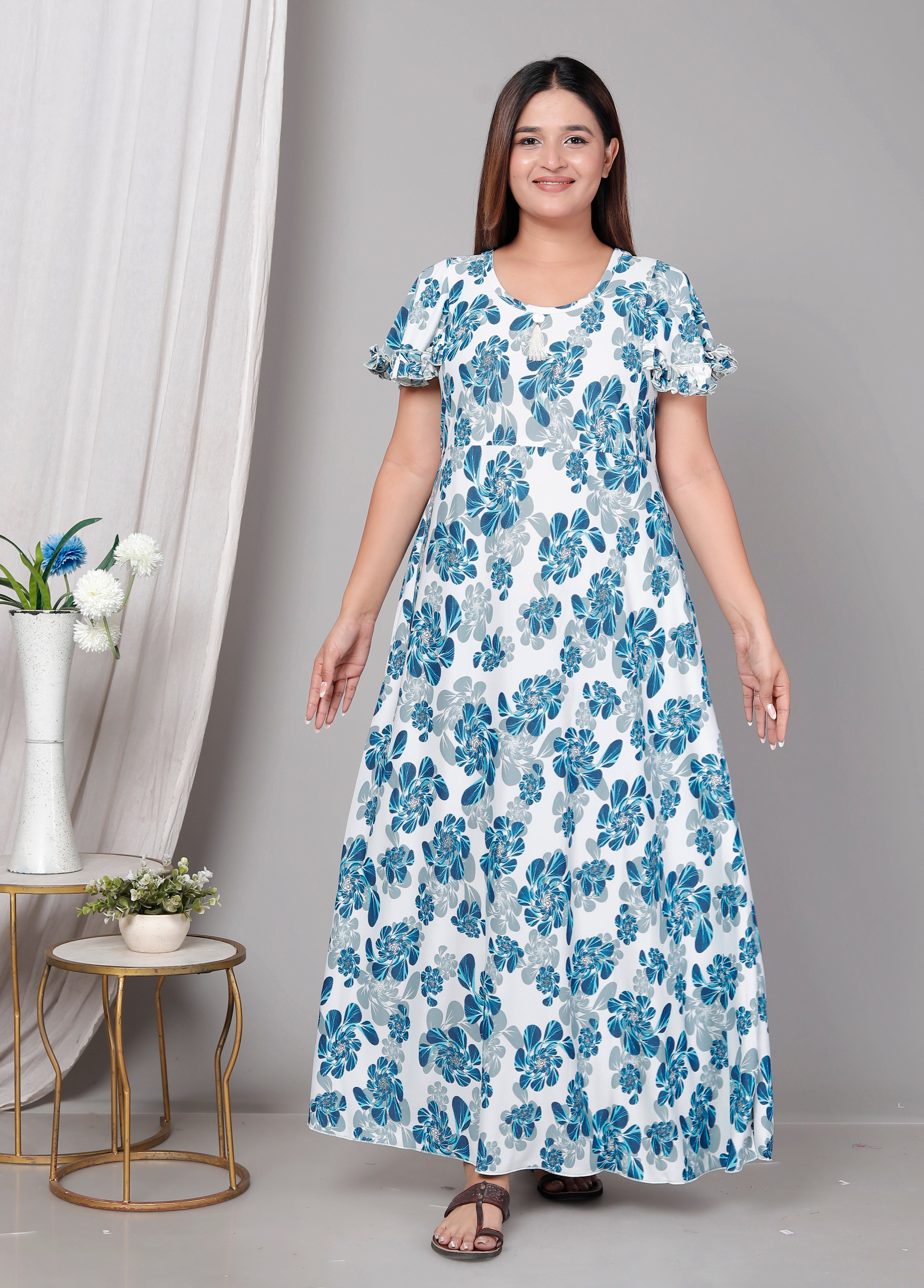Premium Sarina Frock Style Nightgown for Women – Blue Floral Print, Full Length, Soft & Stylish Sleepwear