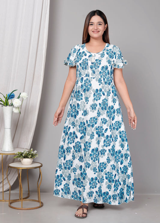 Premium Sarina Frock Style Nightgown for Women – Blue Floral Print, Full Length, Soft & Stylish Sleepwear